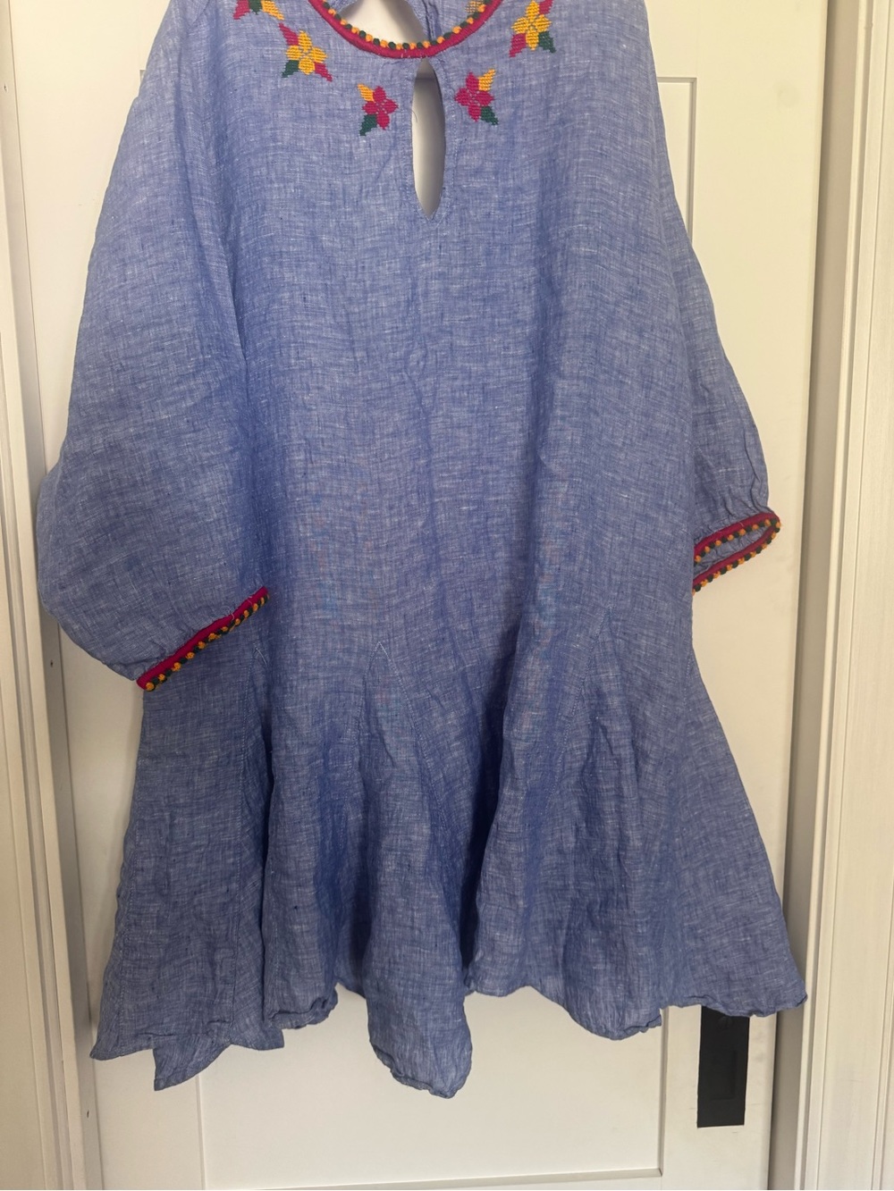 Linen Blue Embroidered Cotton Tunic Dress L/XL